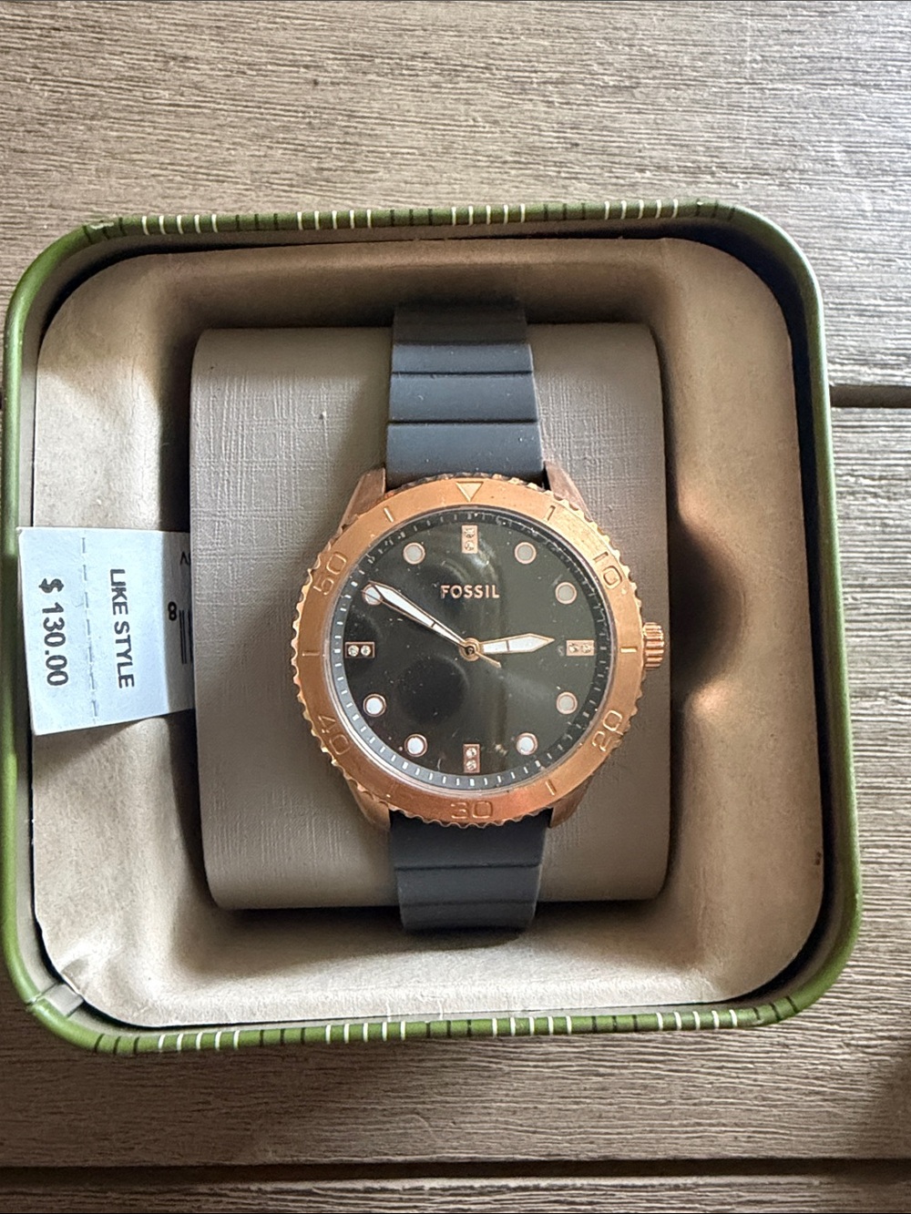 Fossil Men’s Black Dial Rose Gold-Tone Bezel Watch with Black Silicone Strap